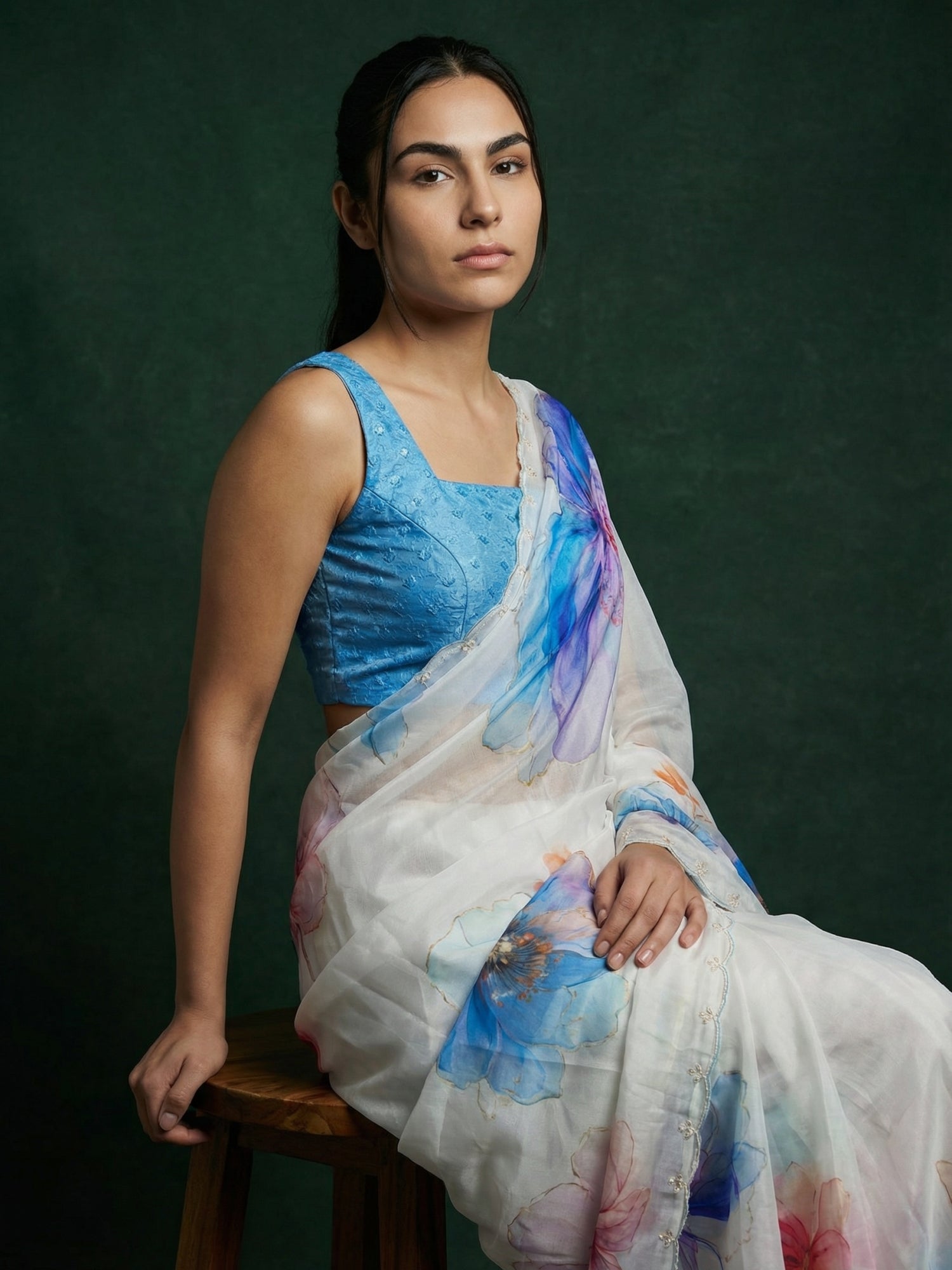Blue Fendy Satin Floral Printed Saree with Handwork Embroidery and Cutwork Aari Border
