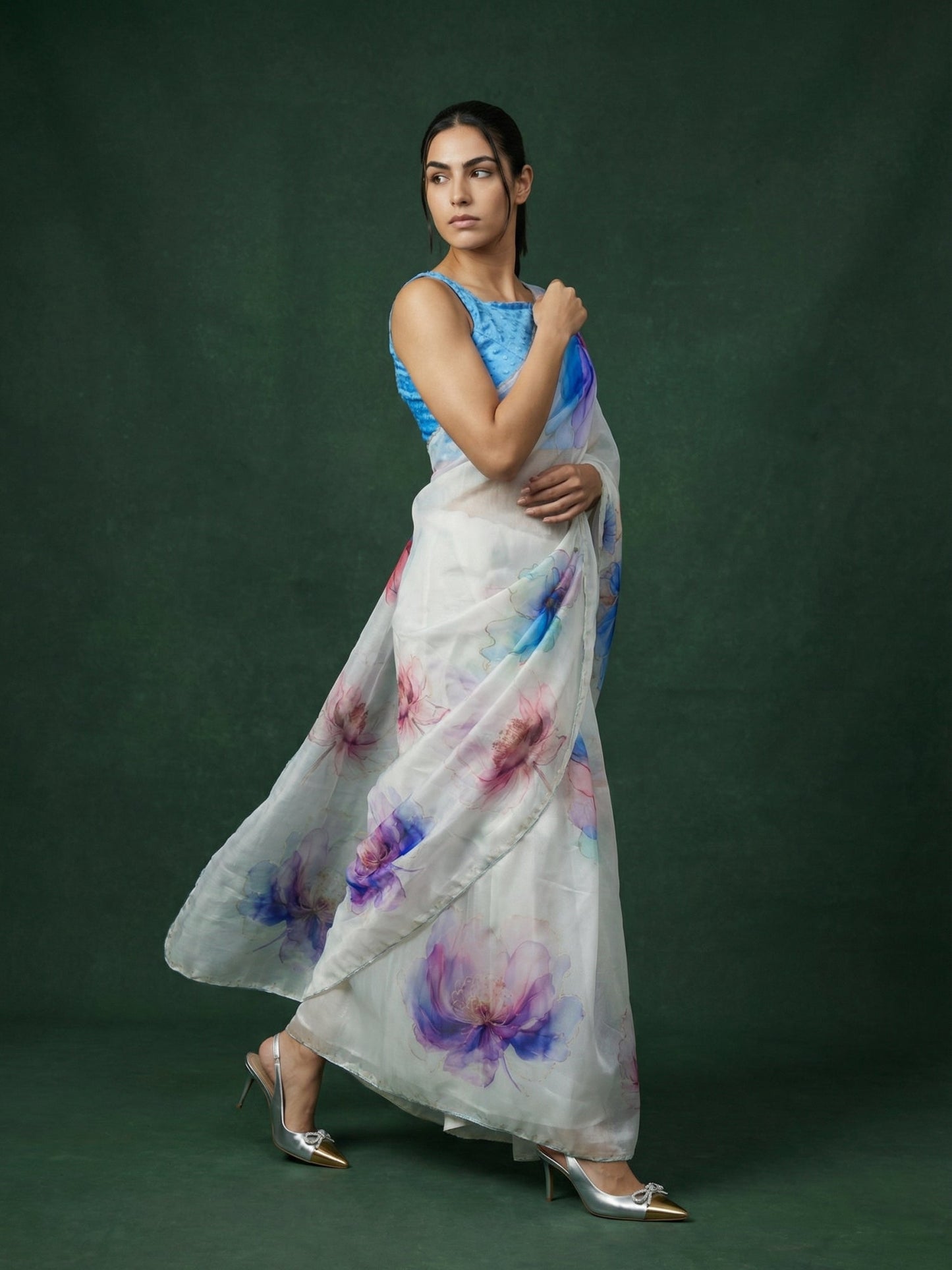 Blue Fendy Satin Floral Printed Saree with Handwork Embroidery and Cutwork Aari Border