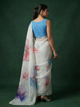 Blue Fendy Satin Floral Printed Saree with Handwork Embroidery and Cutwork Aari Border