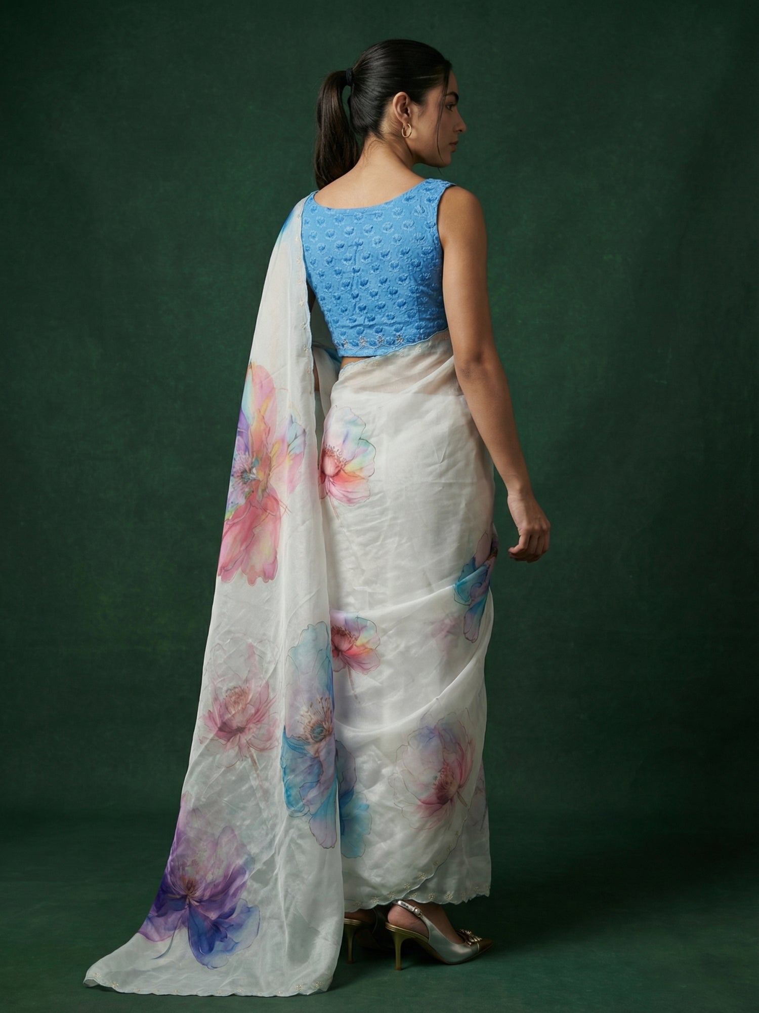 Blue Fendy Satin Floral Printed Saree with Handwork Embroidery and Cutwork Aari Border