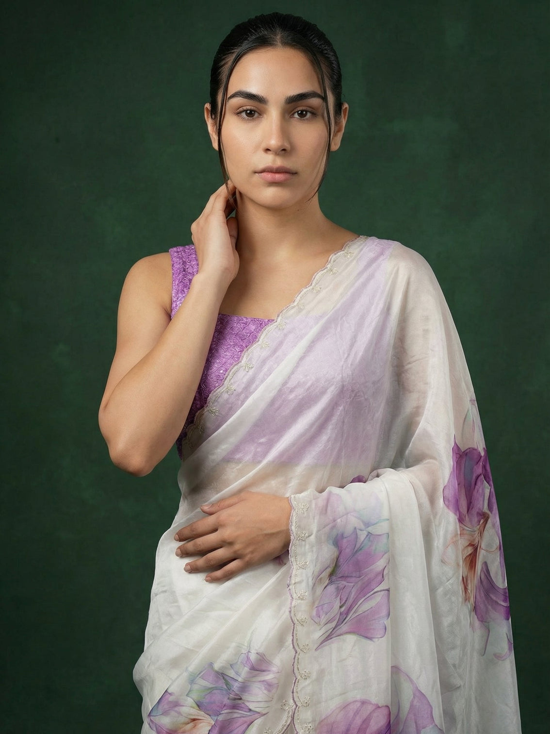 Lavender floral fendy satin saree with handwork embroidery