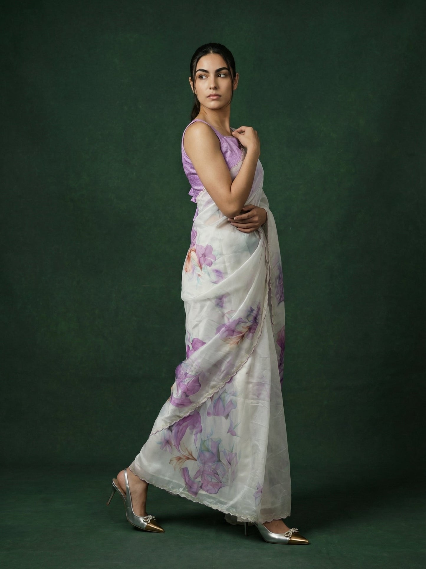 Lavender Fendy Satin Floral Printed Saree with Handwork Embroidery and Cutwork Aari Border