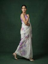 Lavender Fendy Satin Floral Printed Saree with Handwork Embroidery and Cutwork Aari Border