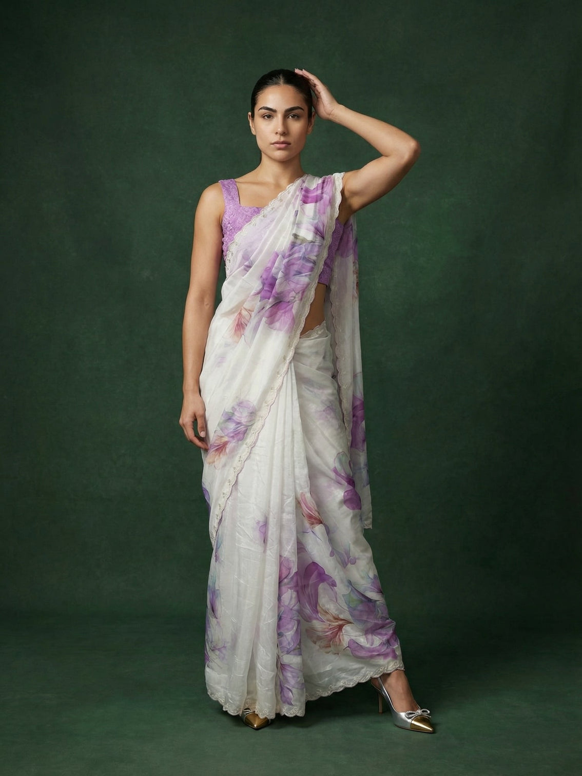 Lavender floral fendy satin saree with handwork embroidery