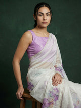 Lavender Fendy Satin Floral Printed Saree with Handwork Embroidery and Cutwork Aari Border