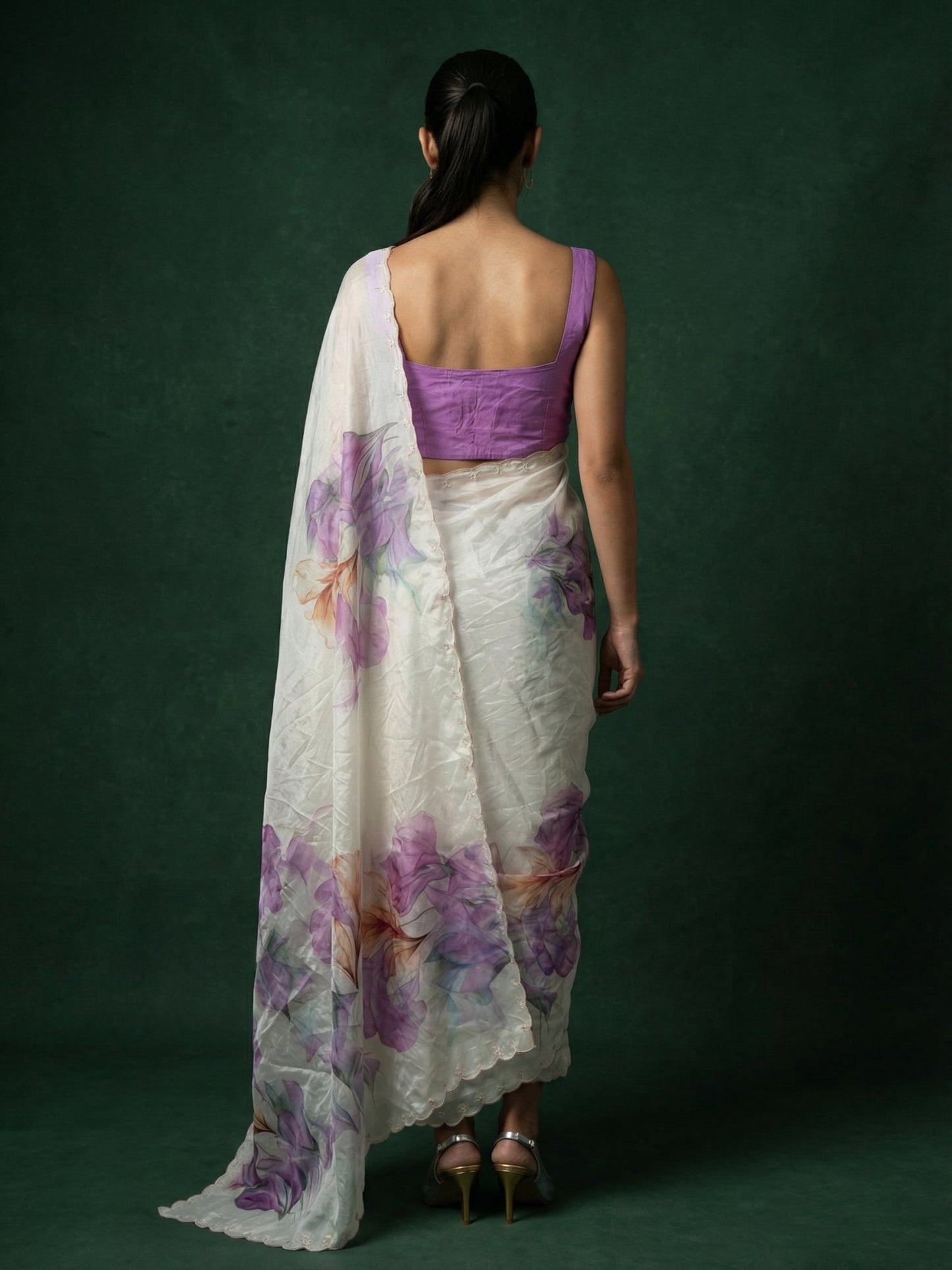 Lavender Fendy Satin Floral Printed Saree with Handwork Embroidery and Cutwork Aari Border