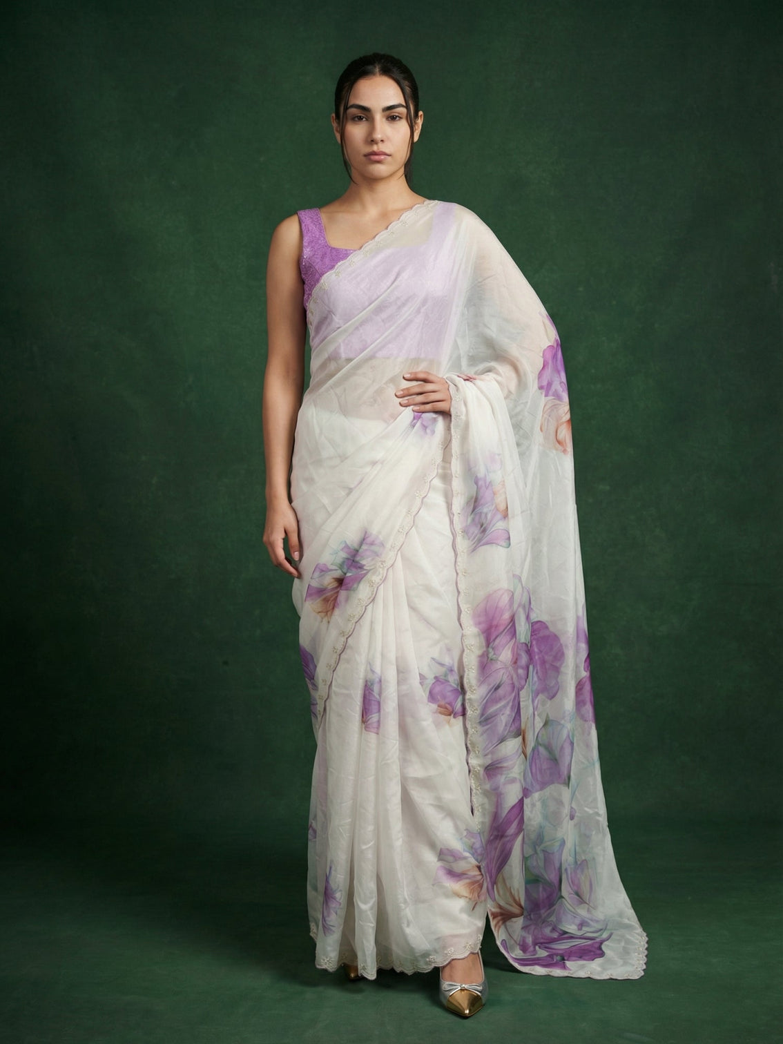 Lavender floral fendy satin saree with handwork embroidery