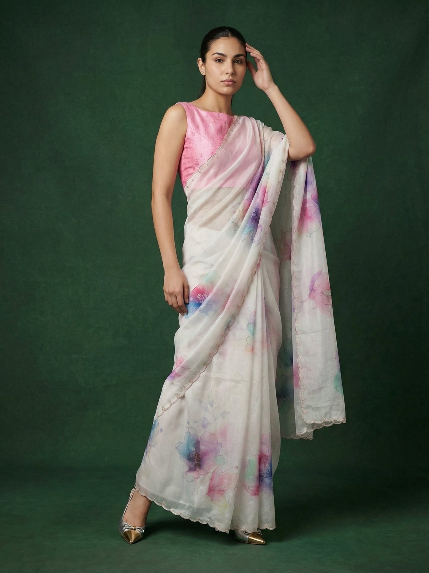 Pink Fendy Satin Floral Printed Saree with Handwork Embroidery and Cutwork Aari Border