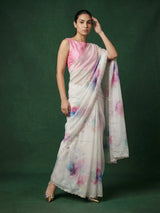 Pink Fendy Satin Floral Printed Saree with Handwork Embroidery and Cutwork Aari Border