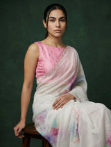 Pink Fendy Satin Floral Printed Saree with Handwork Embroidery and Cutwork Aari Border