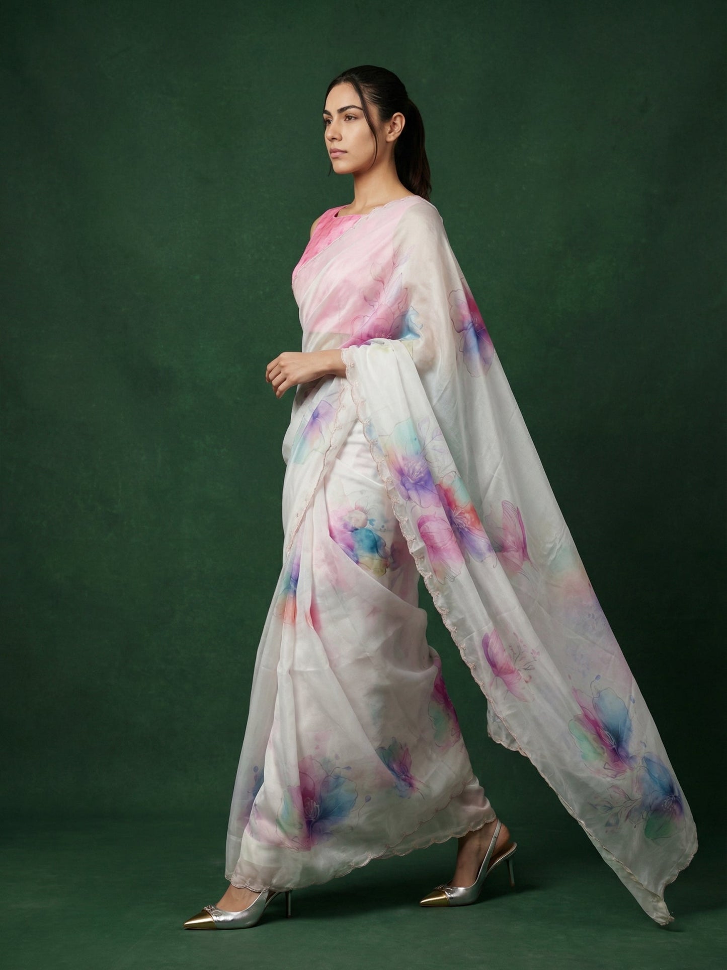 Pink Fendy Satin Floral Printed Saree with Handwork Embroidery and Cutwork Aari Border