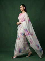 Pink Fendy Satin Floral Printed Saree with Handwork Embroidery and Cutwork Aari Border