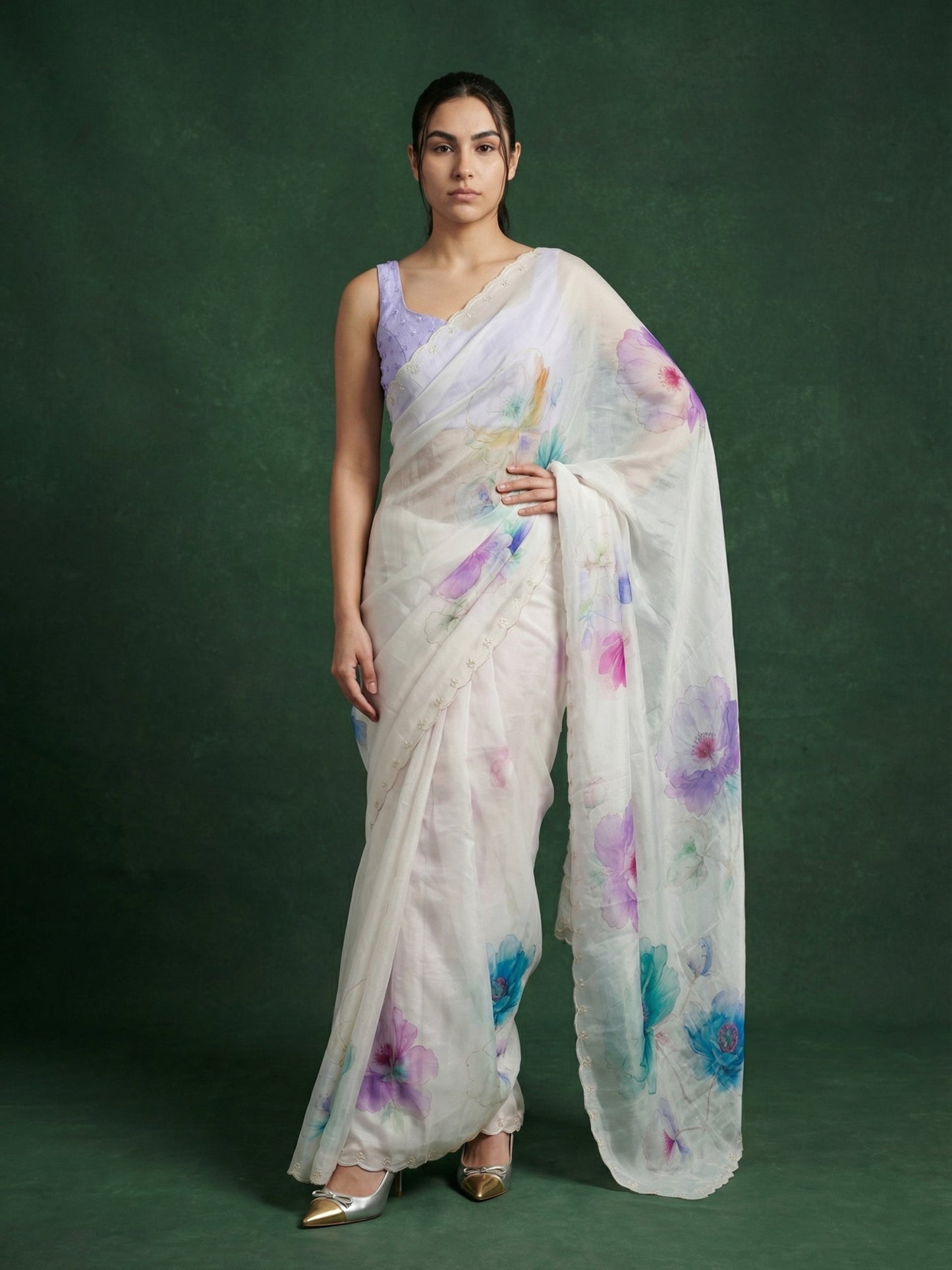 Sky Fendy Satin Floral Printed Saree with Handwork Embroidery and Cutwork Aari Border