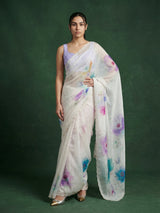 Sky Fendy Satin Floral Printed Saree with Handwork Embroidery and Cutwork Aari Border