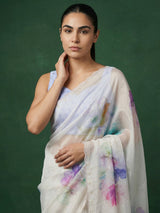 Sky Fendy Satin Floral Printed Saree with Handwork Embroidery and Cutwork Aari Border