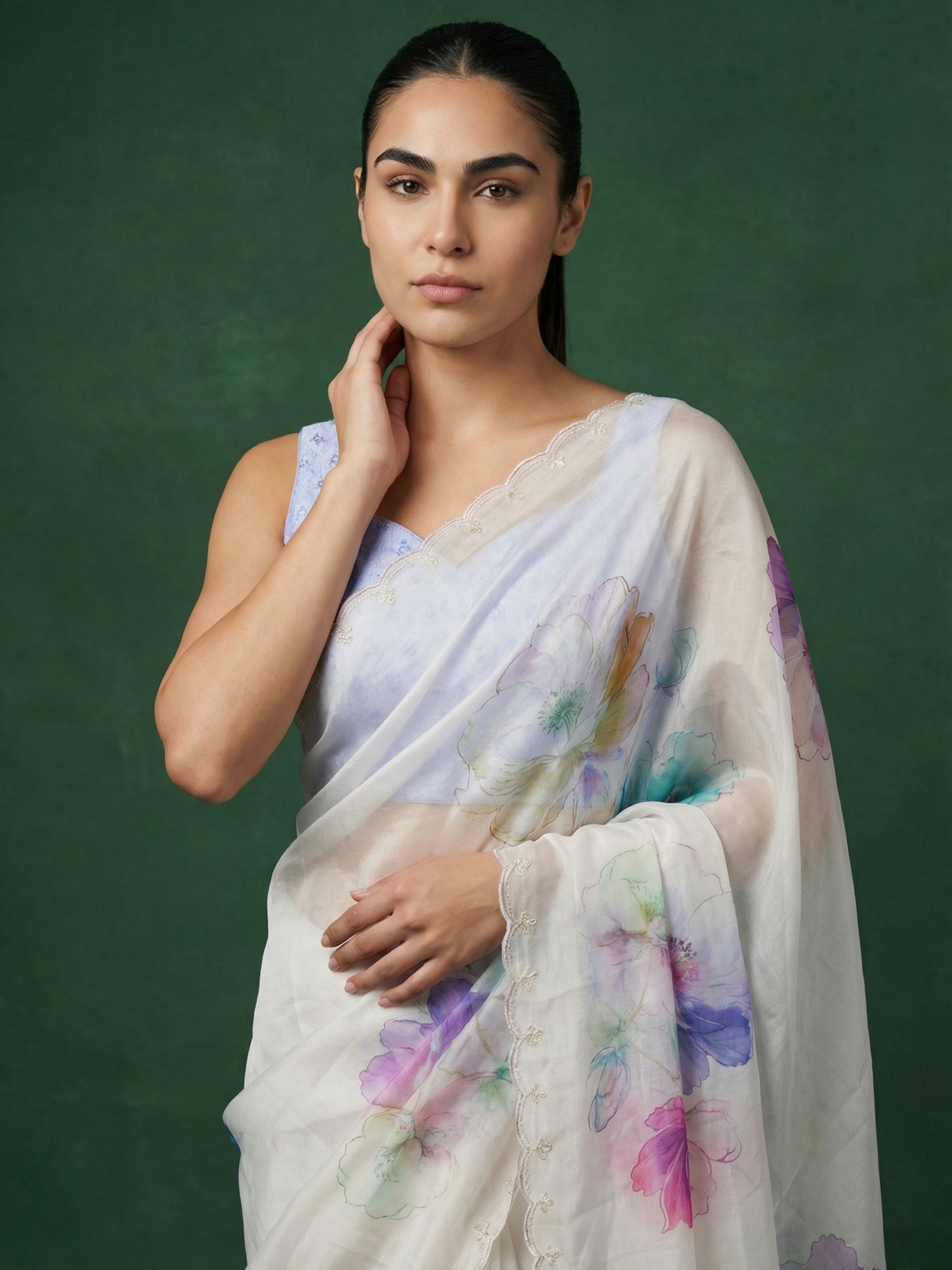 Sky Fendy Satin Floral Printed Saree with Handwork Embroidery and Cutwork Aari Border