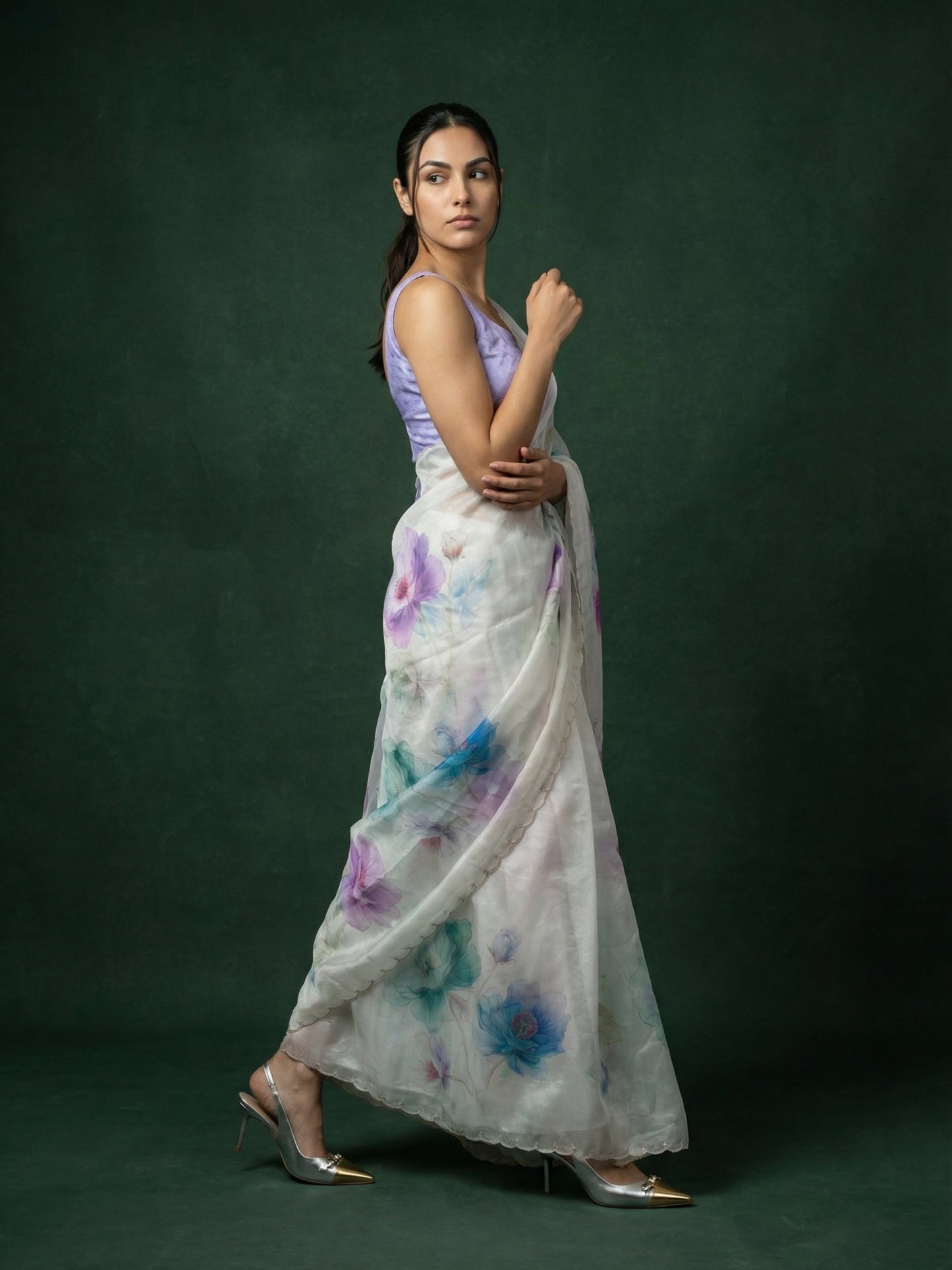 Sky Fendy Satin Floral Printed Saree with Handwork Embroidery and Cutwork Aari Border