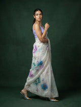 Sky Fendy Satin Floral Printed Saree with Handwork Embroidery and Cutwork Aari Border