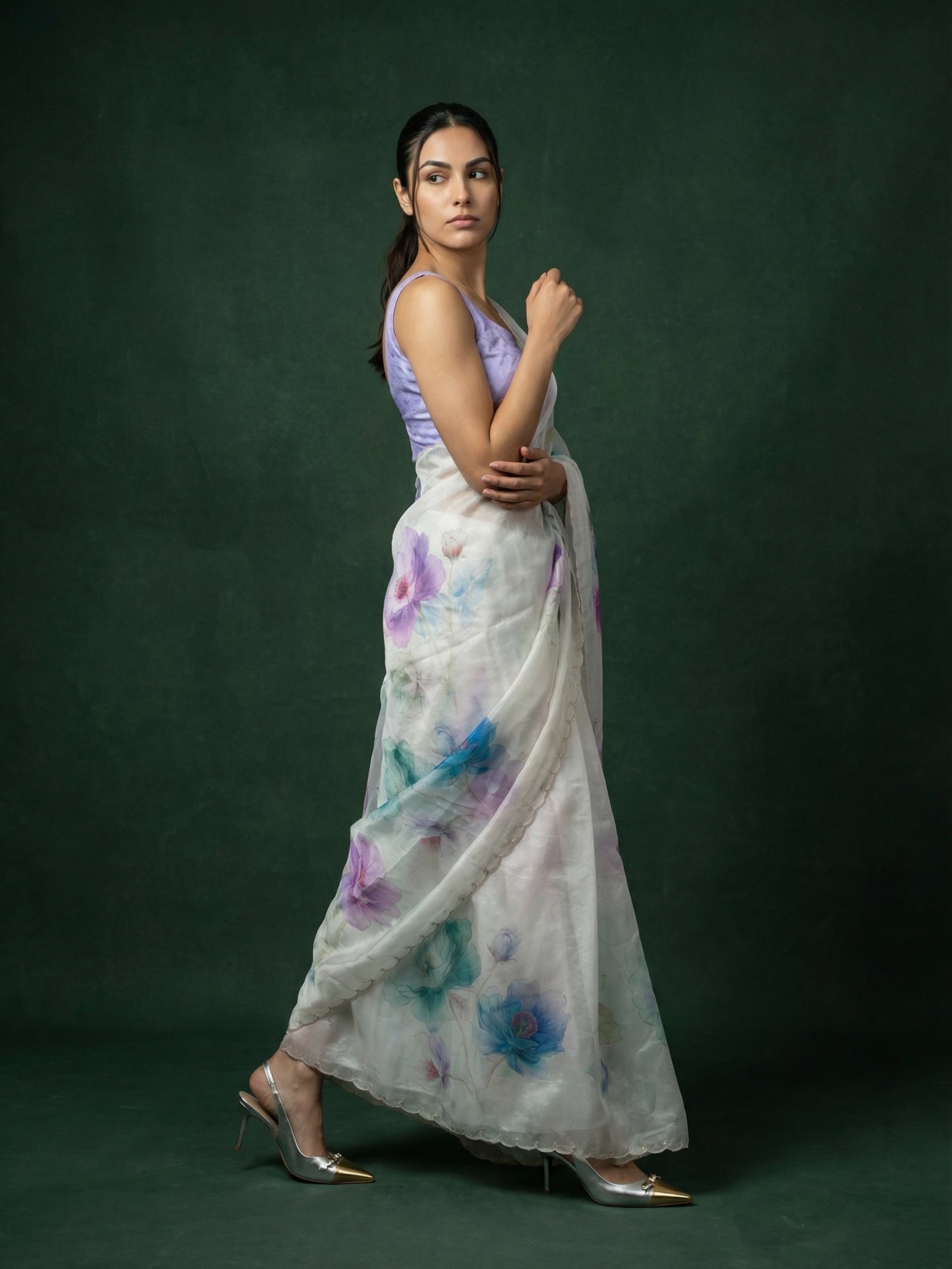 Sky Fendy Satin Floral Printed Saree with Handwork Embroidery and Cutwork Aari Border