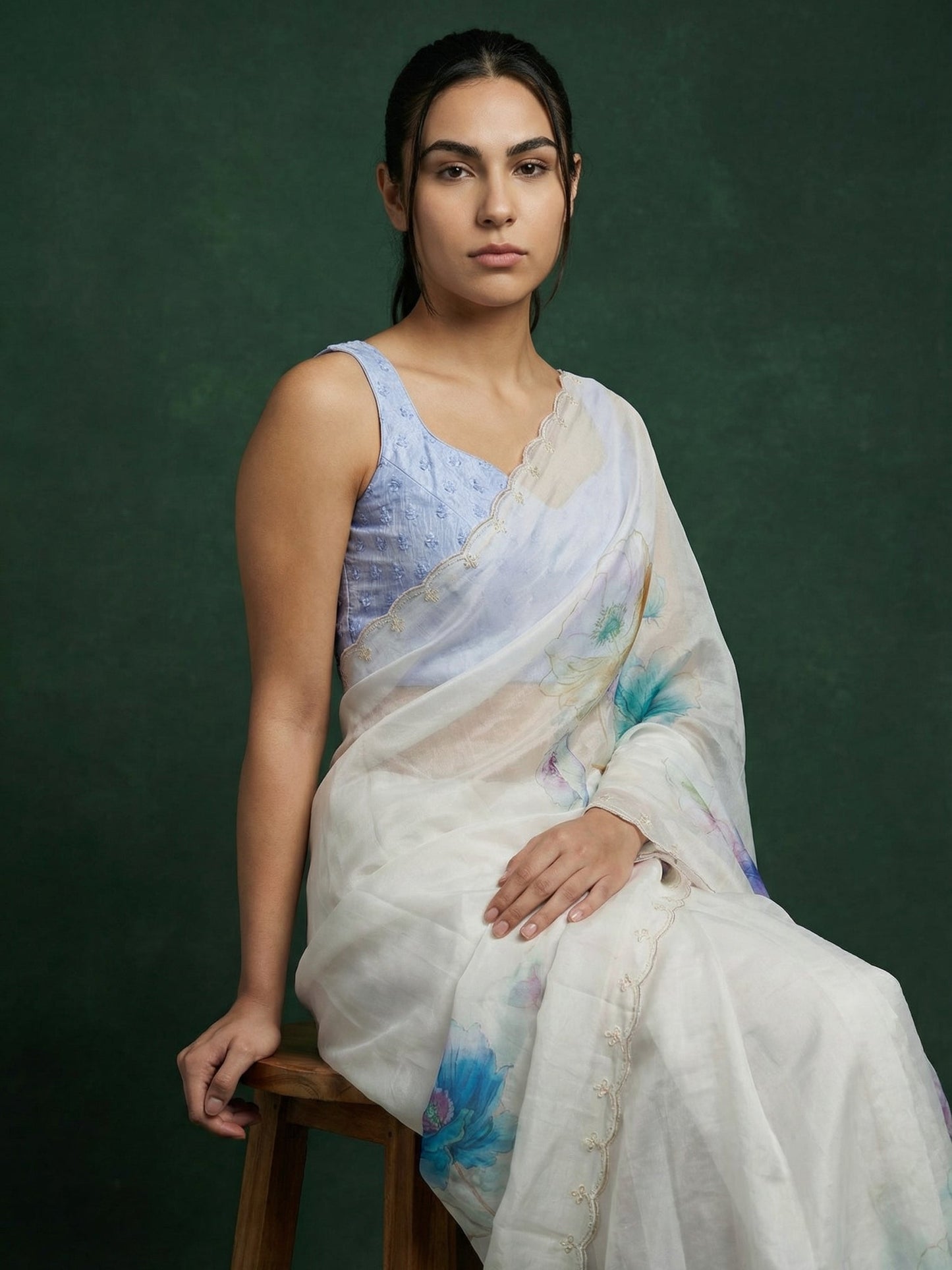 Sky Fendy Satin Floral Printed Saree with Handwork Embroidery and Cutwork Aari Border