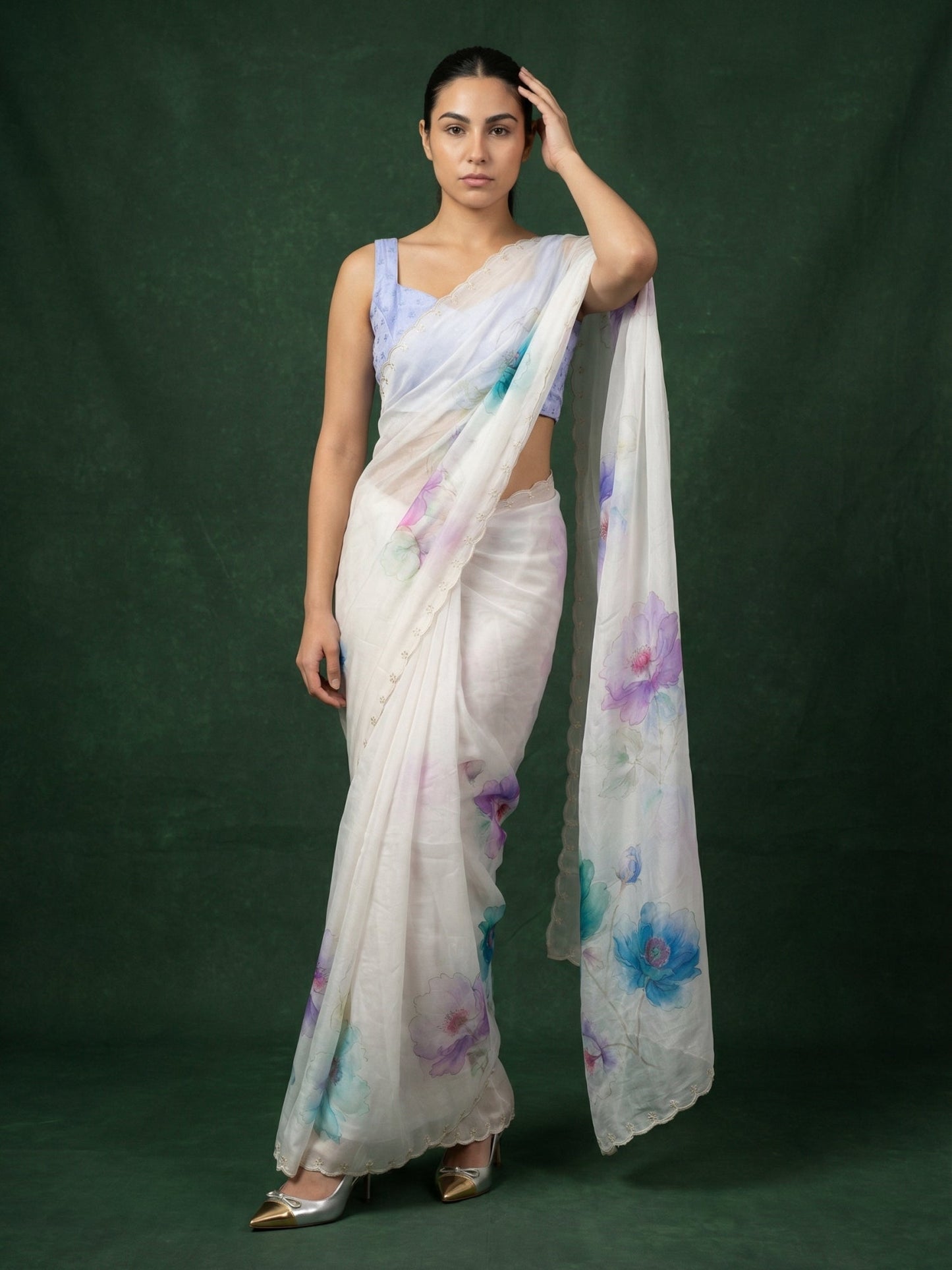 Sky Fendy Satin Floral Printed Saree with Handwork Embroidery and Cutwork Aari Border