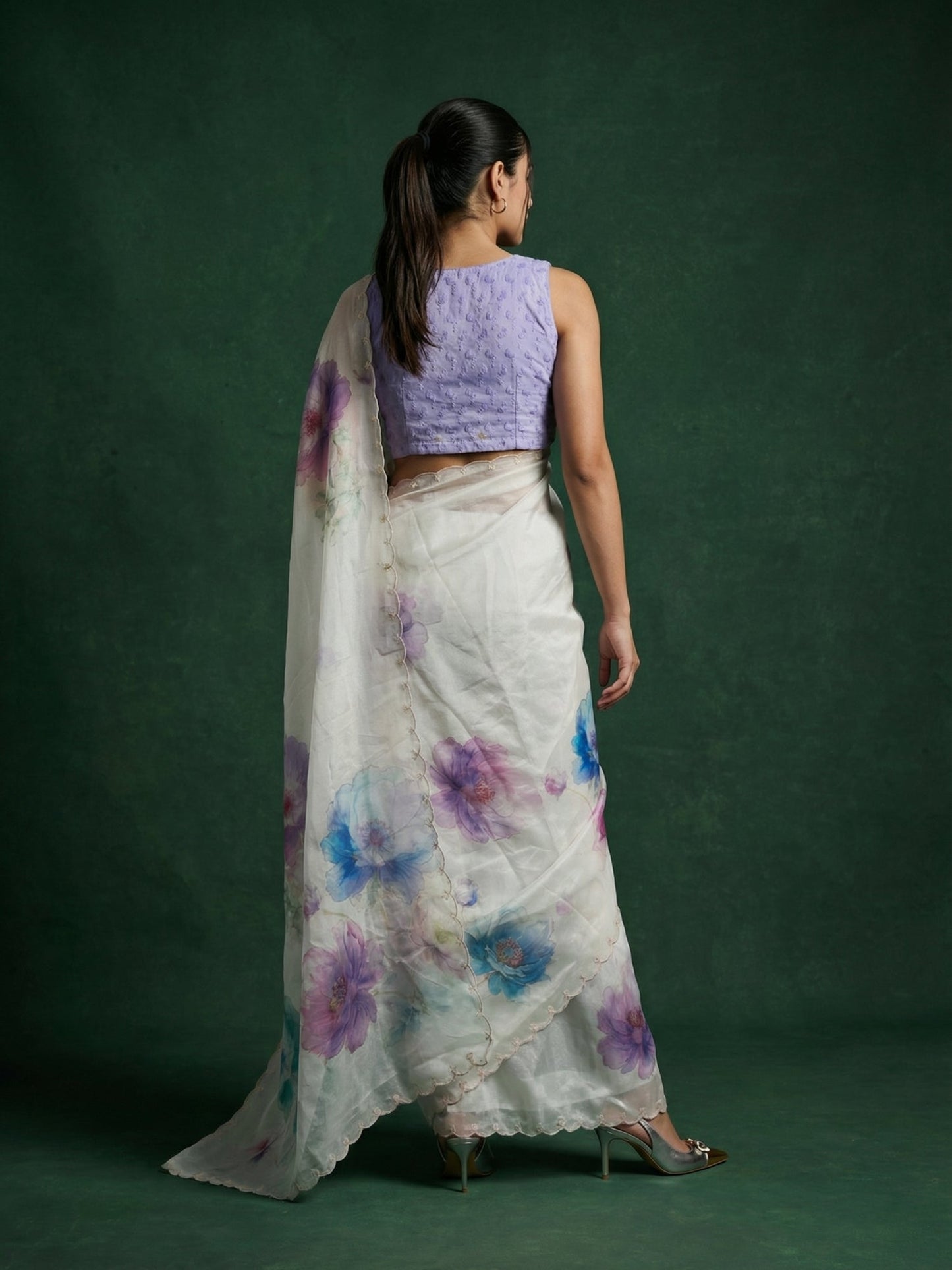 Sky Fendy Satin Floral Printed Saree with Handwork Embroidery and Cutwork Aari Border