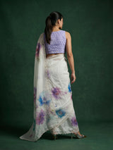 Sky Fendy Satin Floral Printed Saree with Handwork Embroidery and Cutwork Aari Border