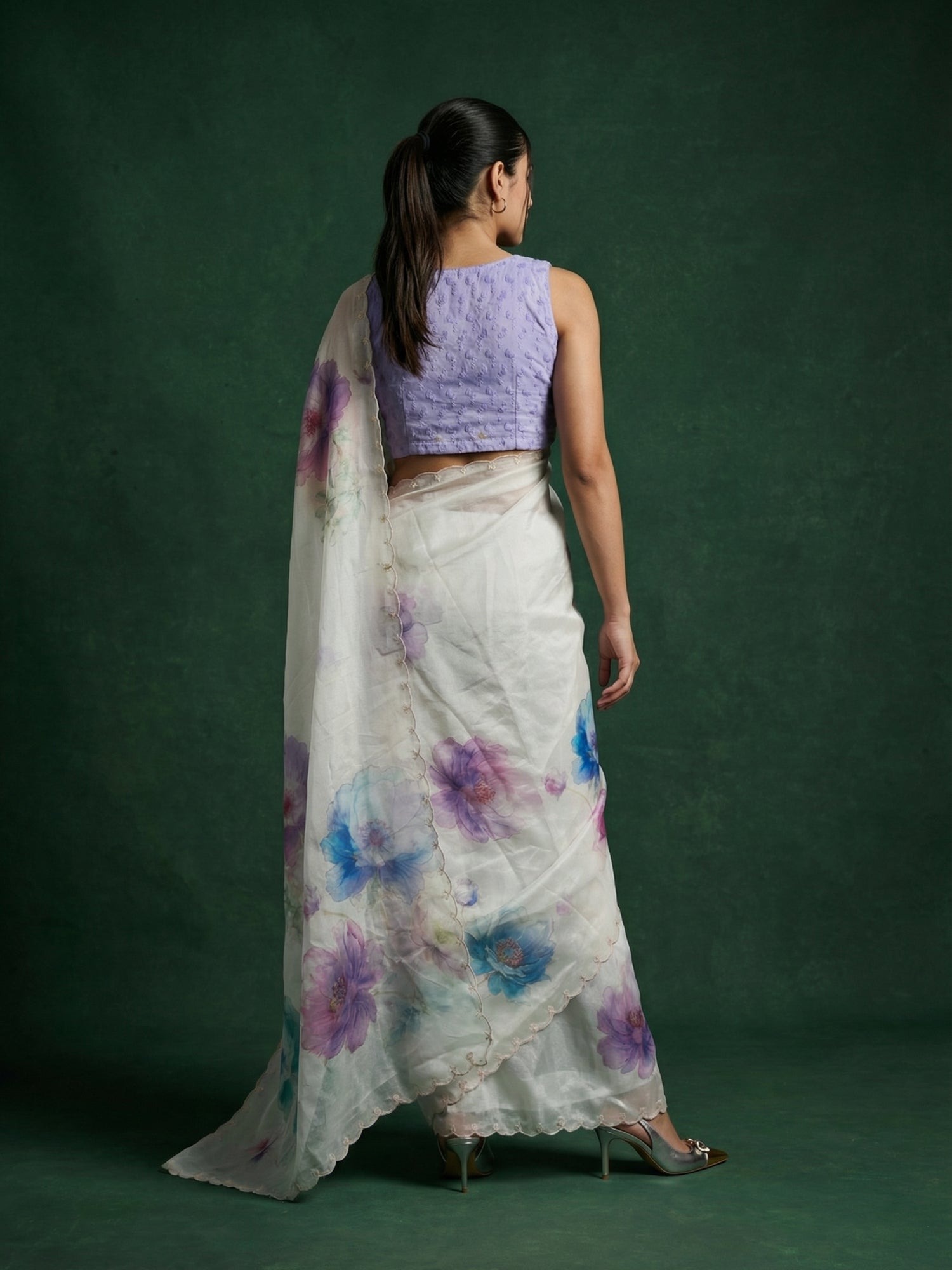 Sky Fendy Satin Floral Printed Saree with Handwork Embroidery and Cutwork Aari Border