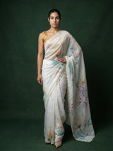 Yellow Fendy Satin Floral Printed Saree with Handwork Embroidery and Cutwork Aari Border