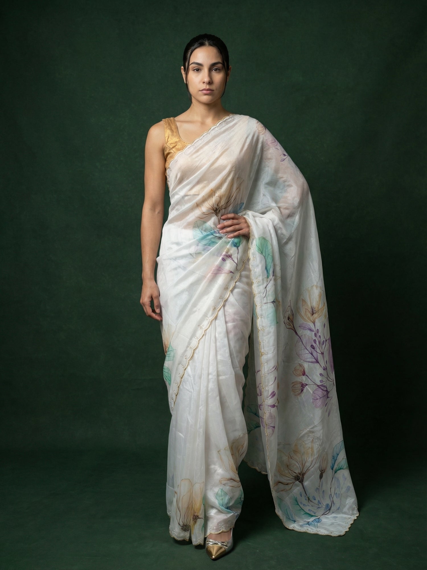 Yellow Fendy Satin Floral Printed Saree with Handwork Embroidery and Cutwork Aari Border