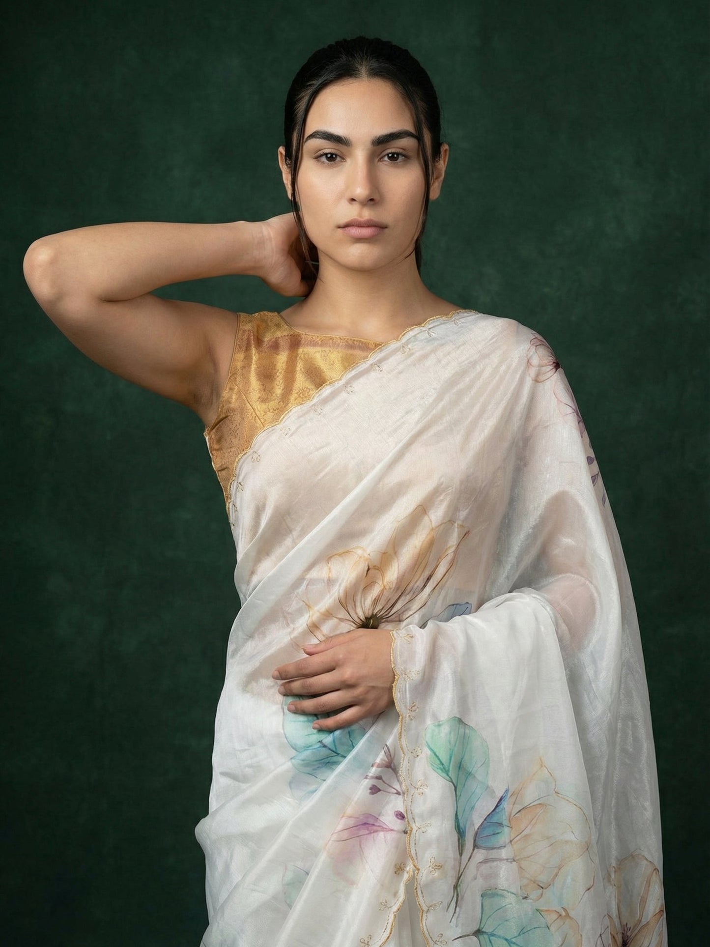 Yellow Fendy Satin Floral Printed Saree with Handwork Embroidery and Cutwork Aari Border