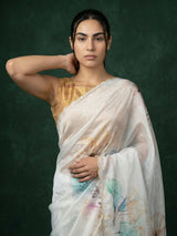 Yellow Fendy Satin Floral Printed Saree with Handwork Embroidery and Cutwork Aari Border