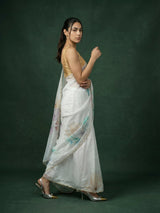Yellow Fendy Satin Floral Printed Saree with Handwork Embroidery and Cutwork Aari Border
