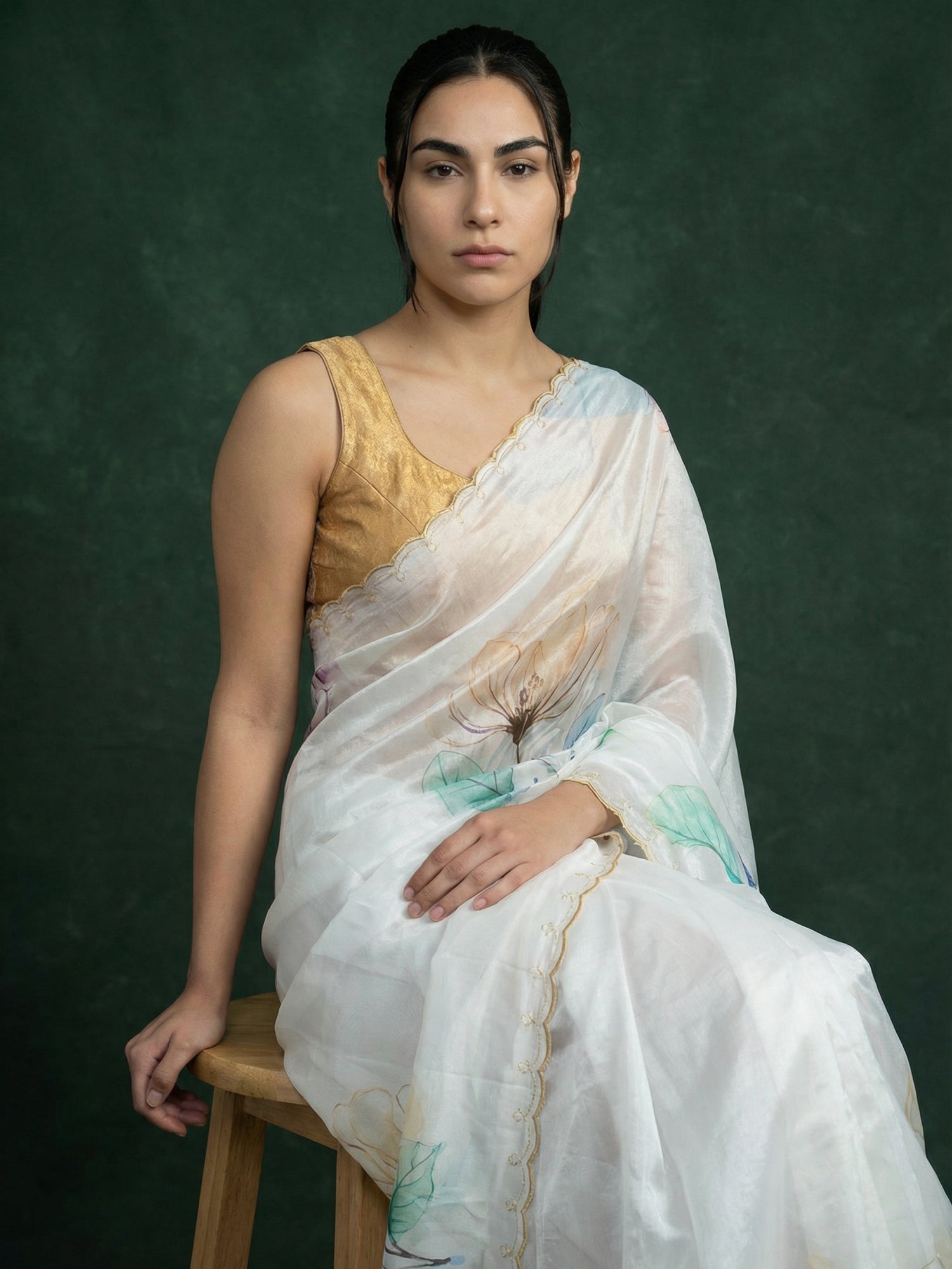 Yellow Fendy Satin Floral Printed Saree with Handwork Embroidery and Cutwork Aari Border