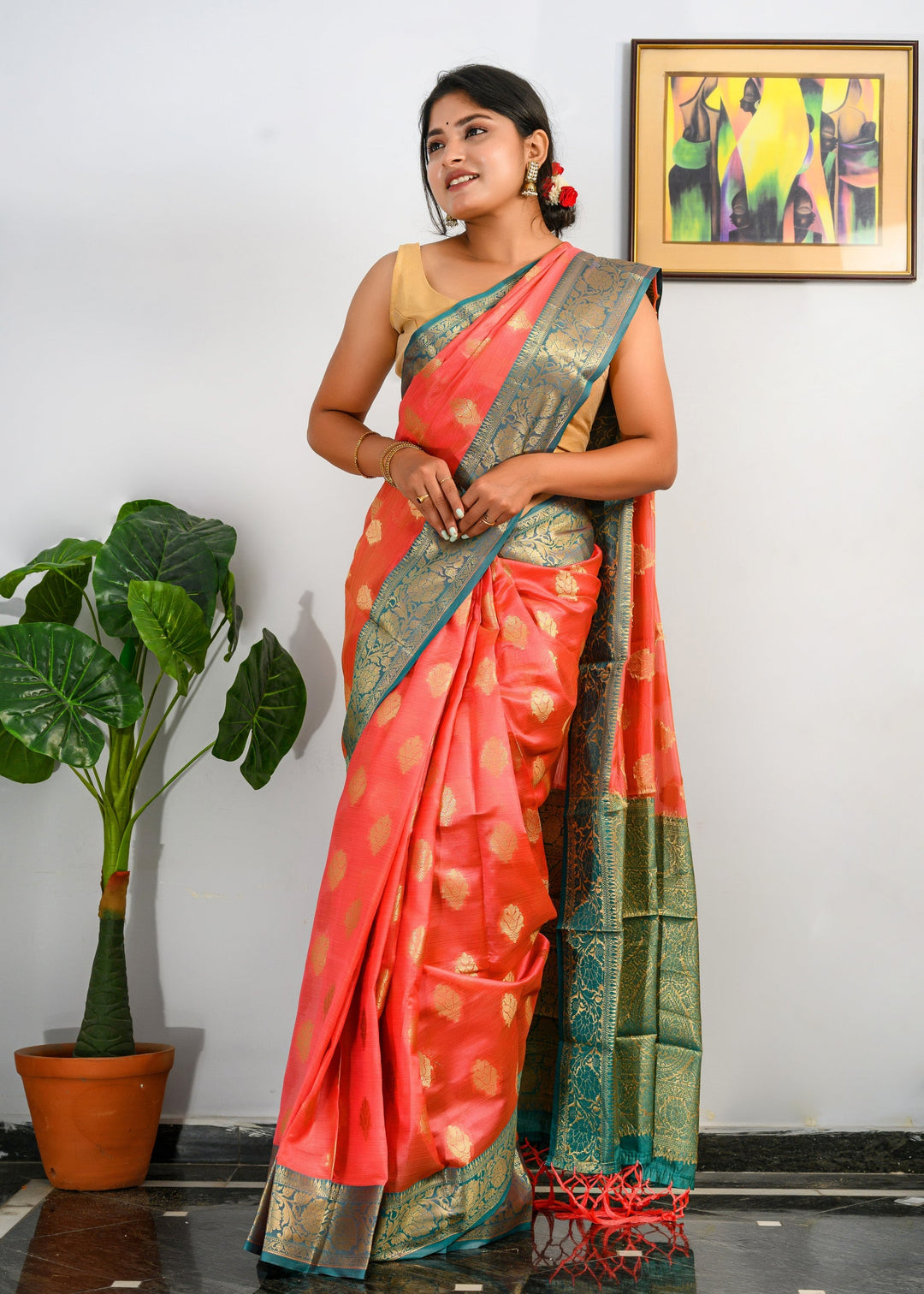 Watermelon Red Saree in Organza