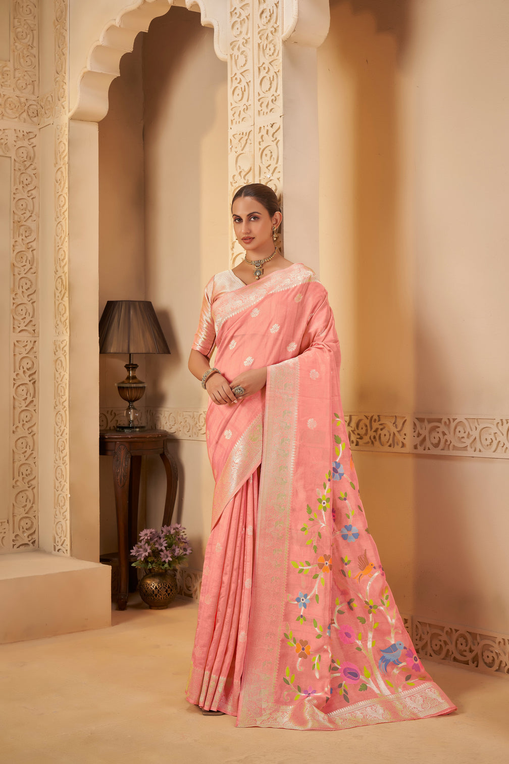Festive pink saree delicate weaves with modern elegance