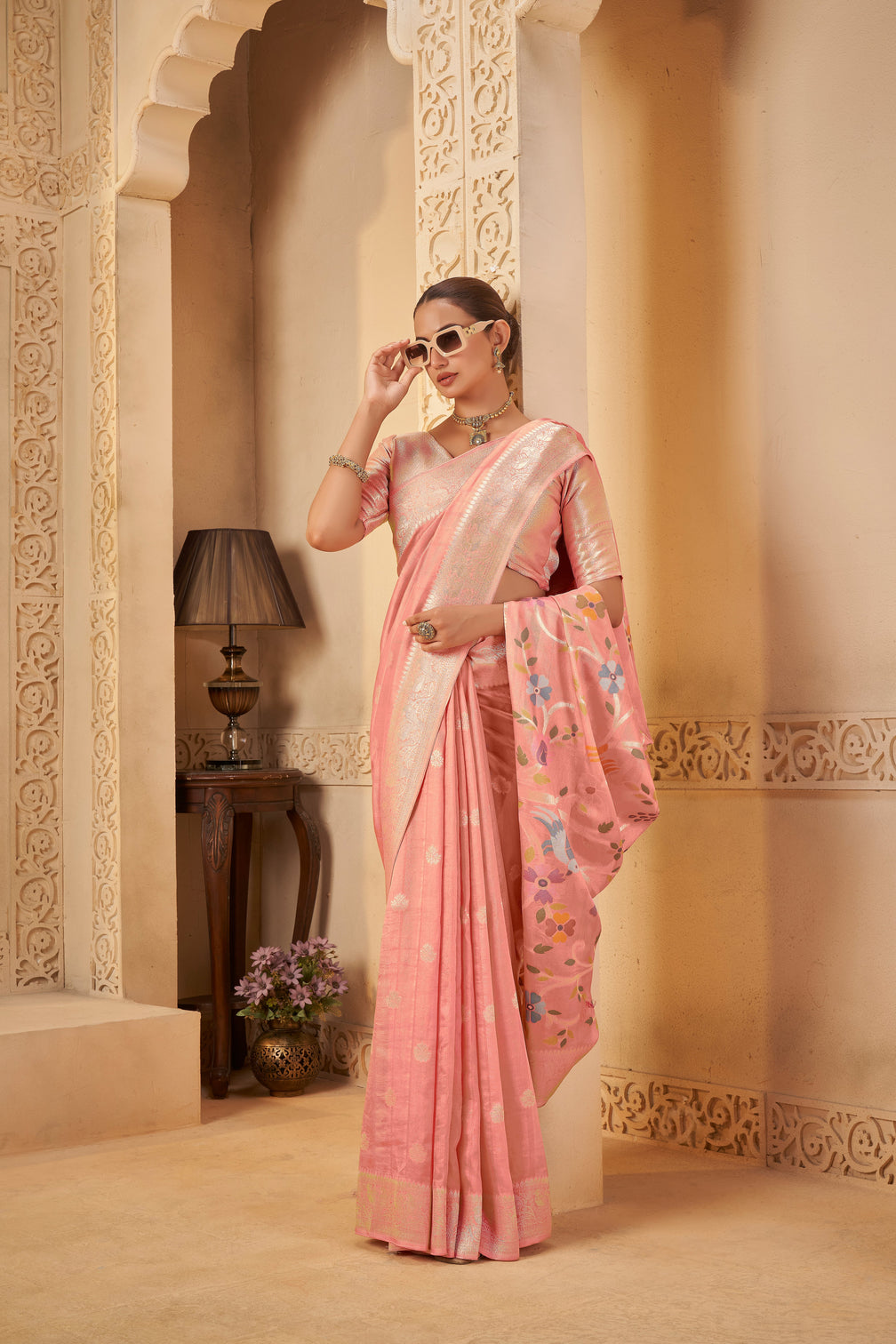 Festive pink saree delicate weaves with modern elegance