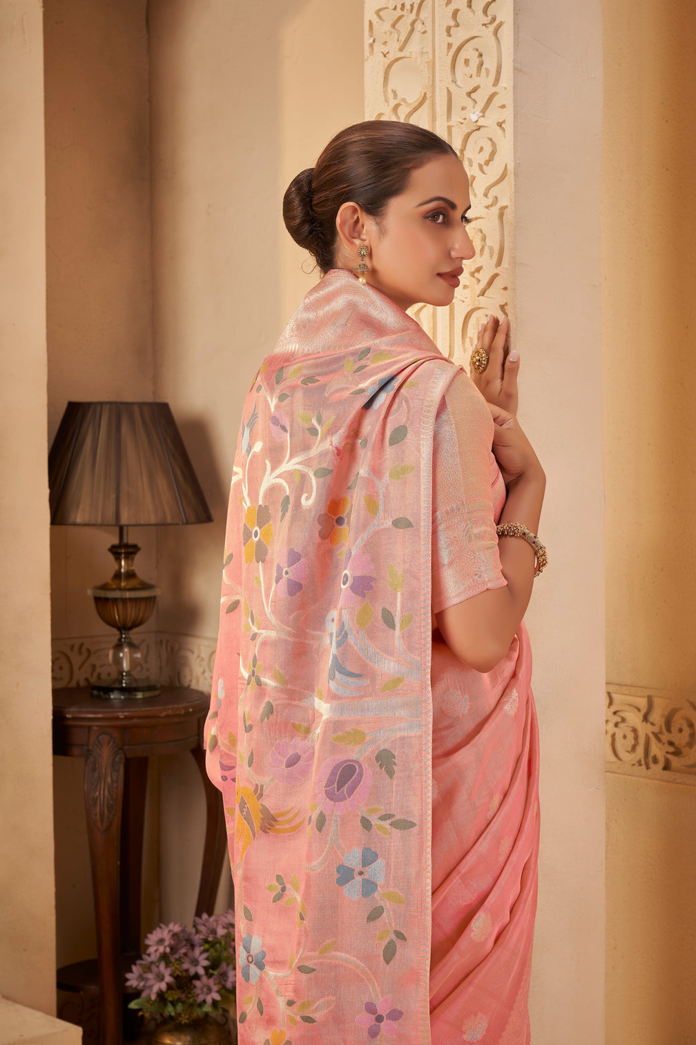 Festive pink saree delicate weaves with modern elegance