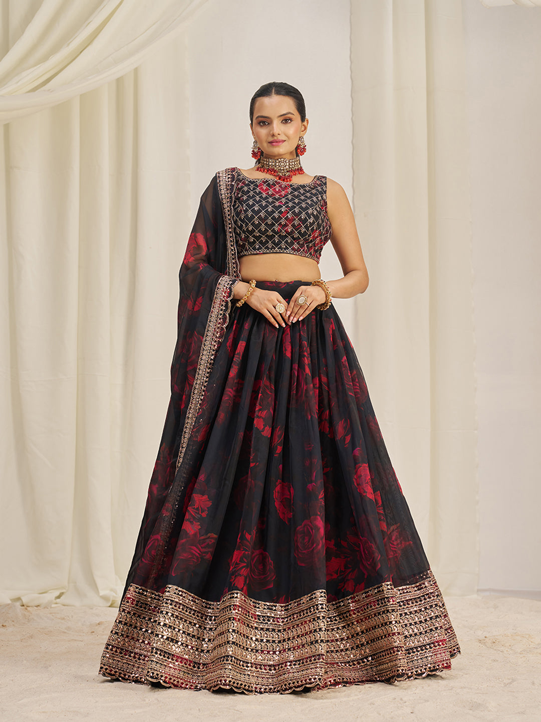 Black Organza Zari Dori Sequins Floral Lehenga Choli Set