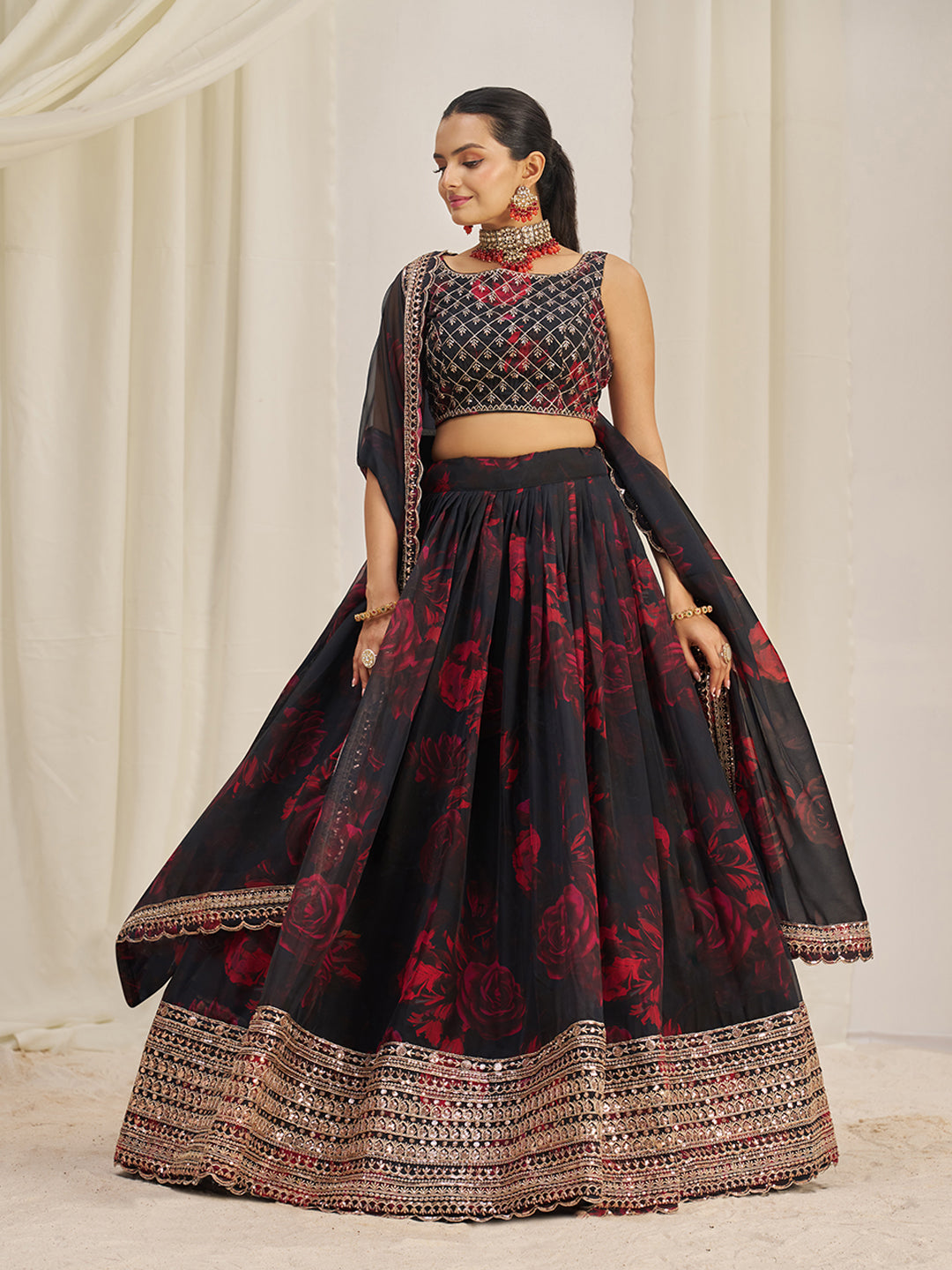 Black Organza Zari Dori Sequins Floral Lehenga Choli Set