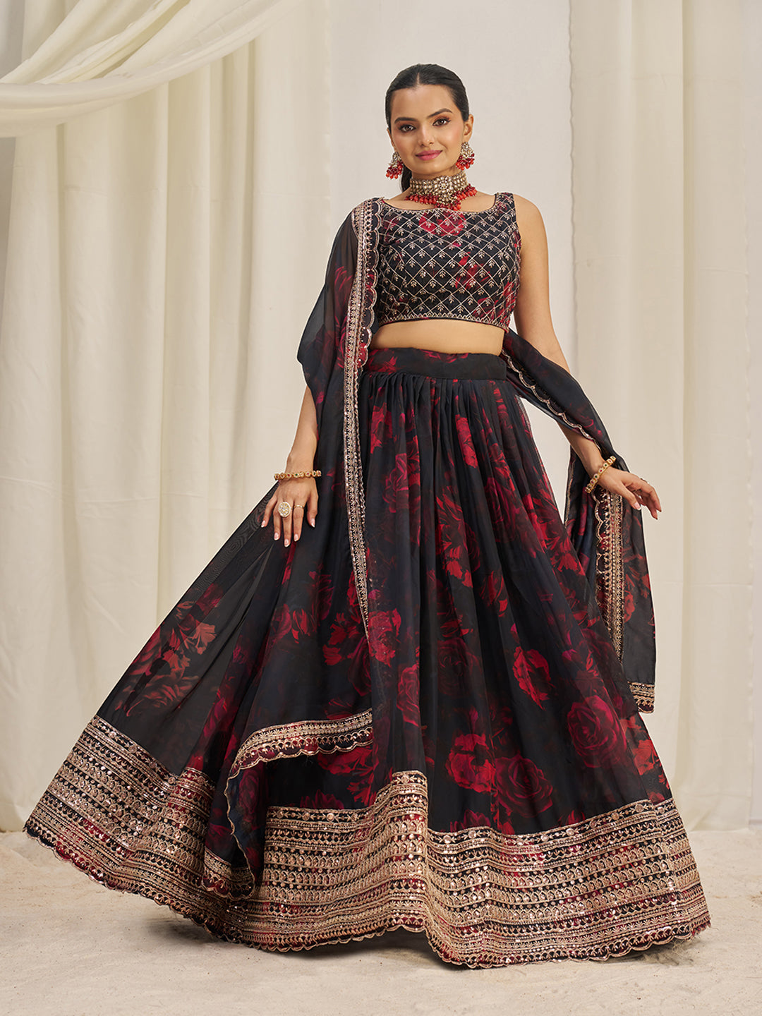 Black Organza Zari Dori Sequins Floral Lehenga Choli Set