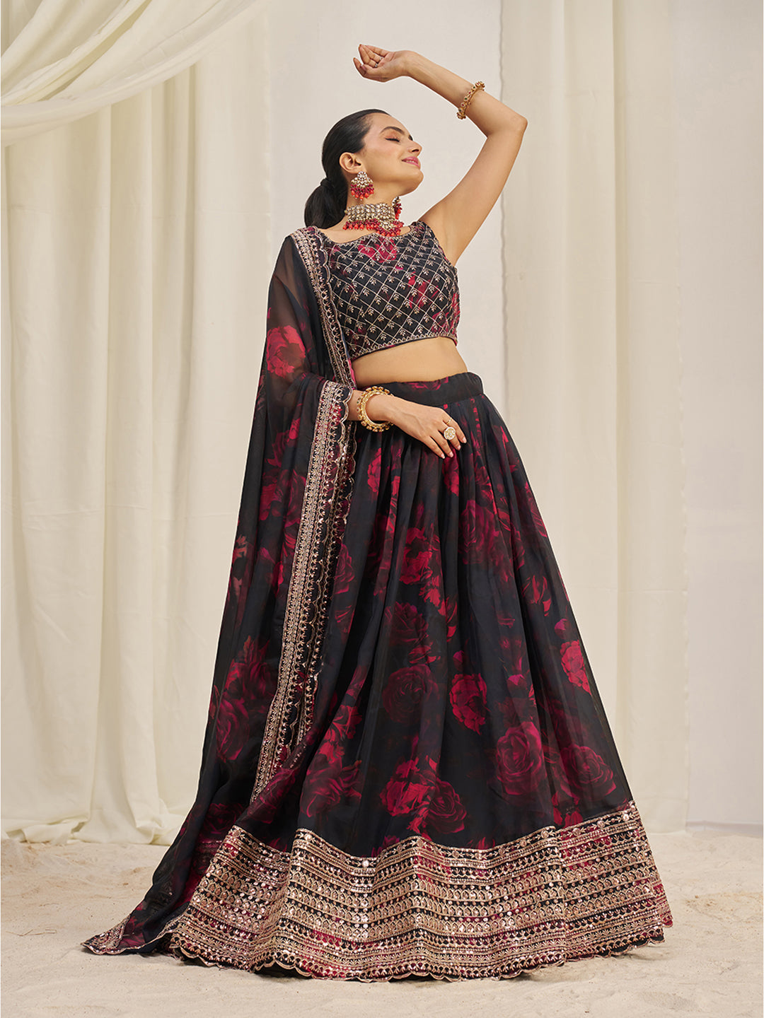 Black Organza Zari Dori Sequins Floral Lehenga Choli Set