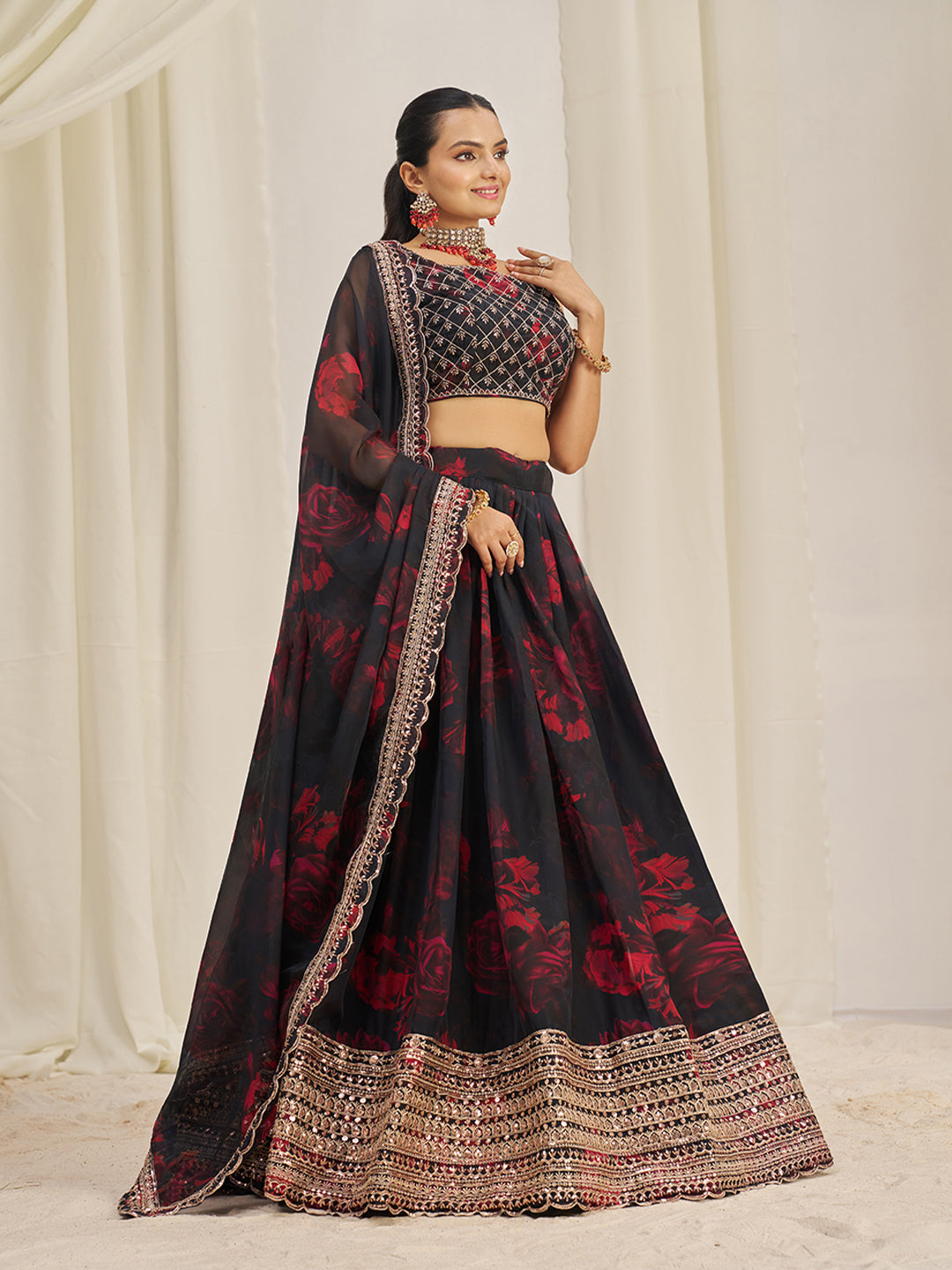 Black Organza Zari Dori Sequins Floral Lehenga Choli Set