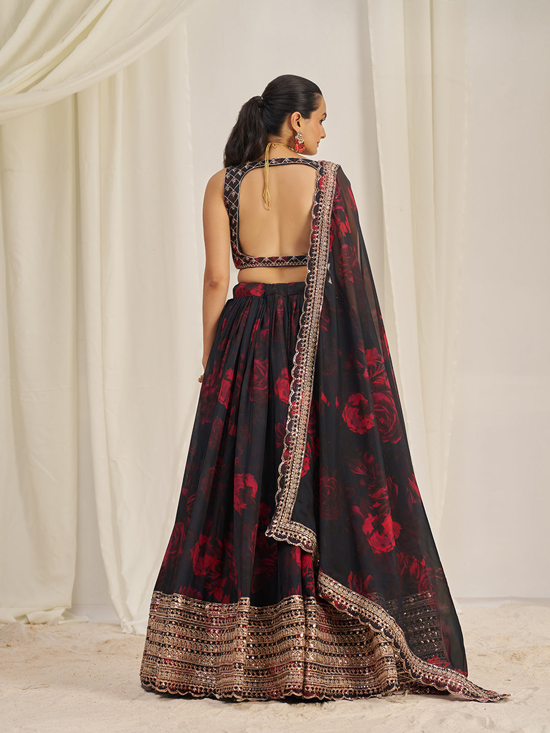 Black Organza Zari Dori Sequins Floral Lehenga Choli Set