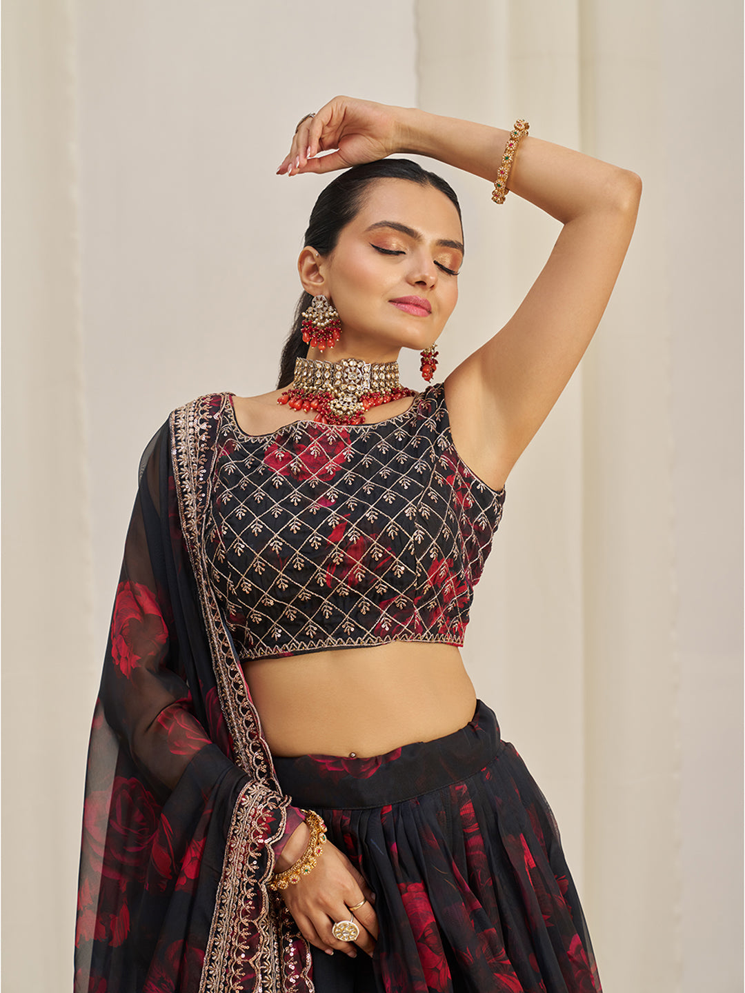 Black Organza Zari Dori Sequins Floral Lehenga Choli Set