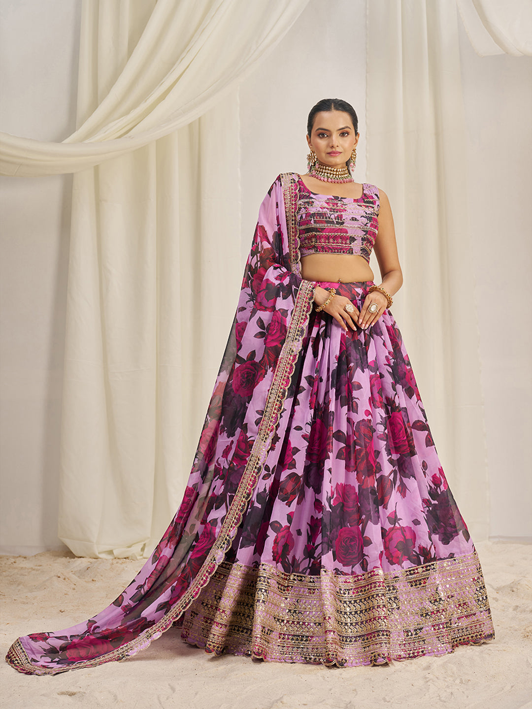 Baby Pink Organza Zari Dori Sequins Floral Lehenga Choli Set