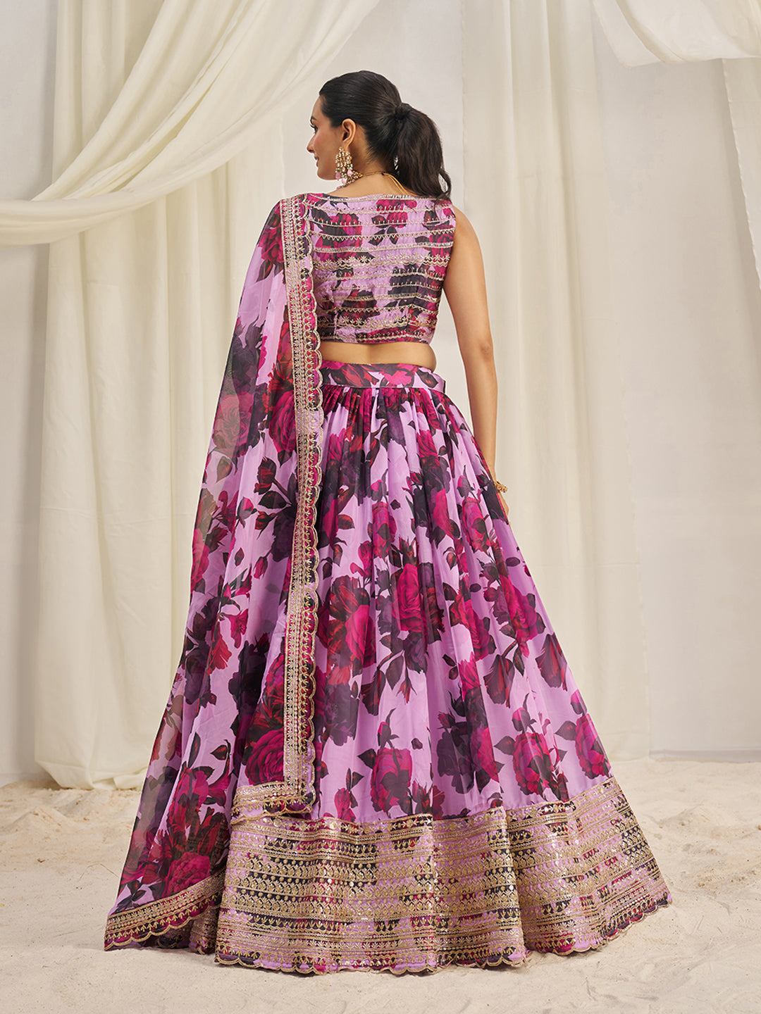 Baby Pink Organza Zari Dori Sequins Floral Lehenga Choli Set