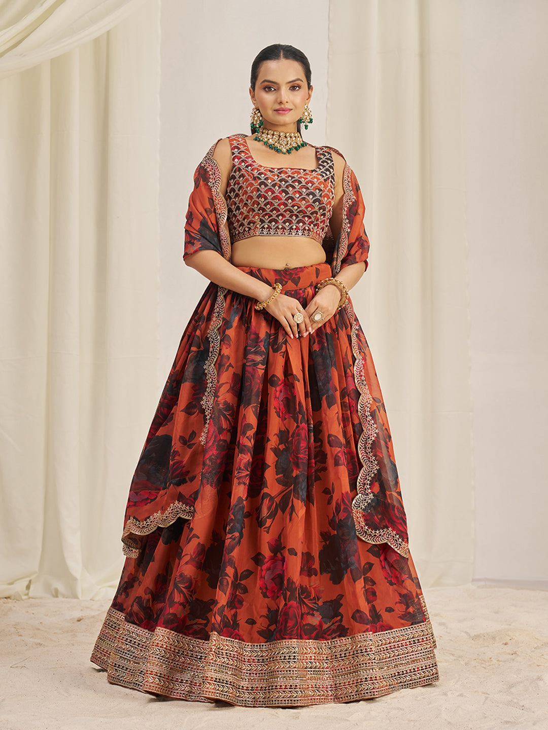 Orange Organza Zari Dori Sequins Floral Lehenga Choli Set