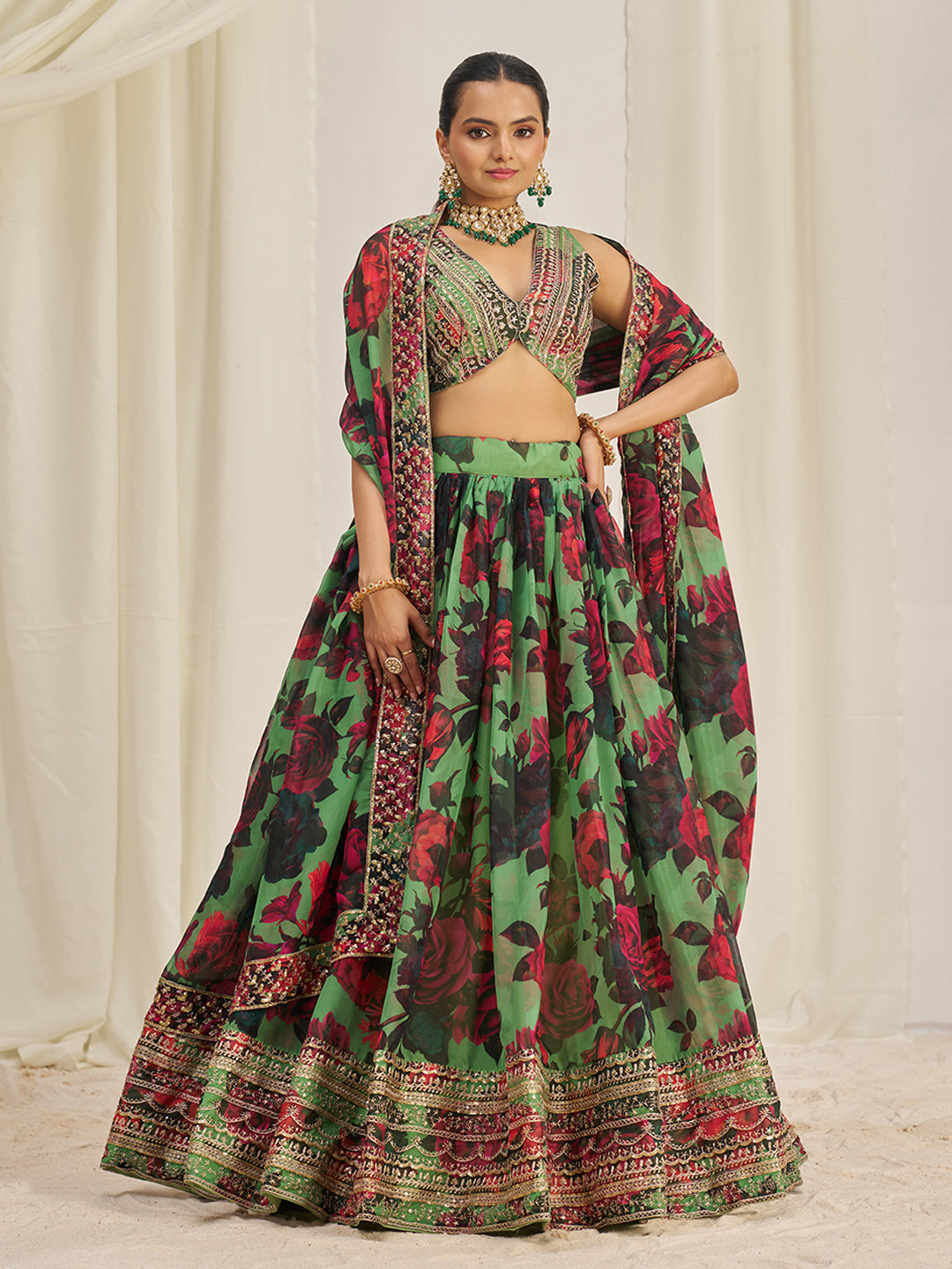 Parrot Green Organza Zari Dori Sequins Floral Lehenga Choli Set