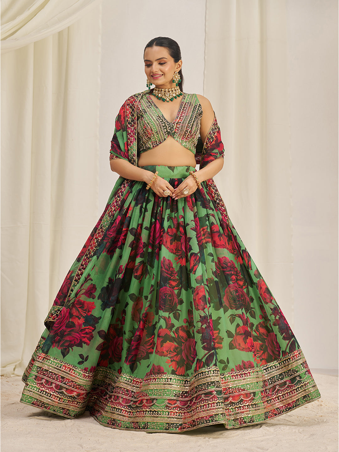 Parrot Green Organza Zari Dori Sequins Floral Lehenga Choli Set